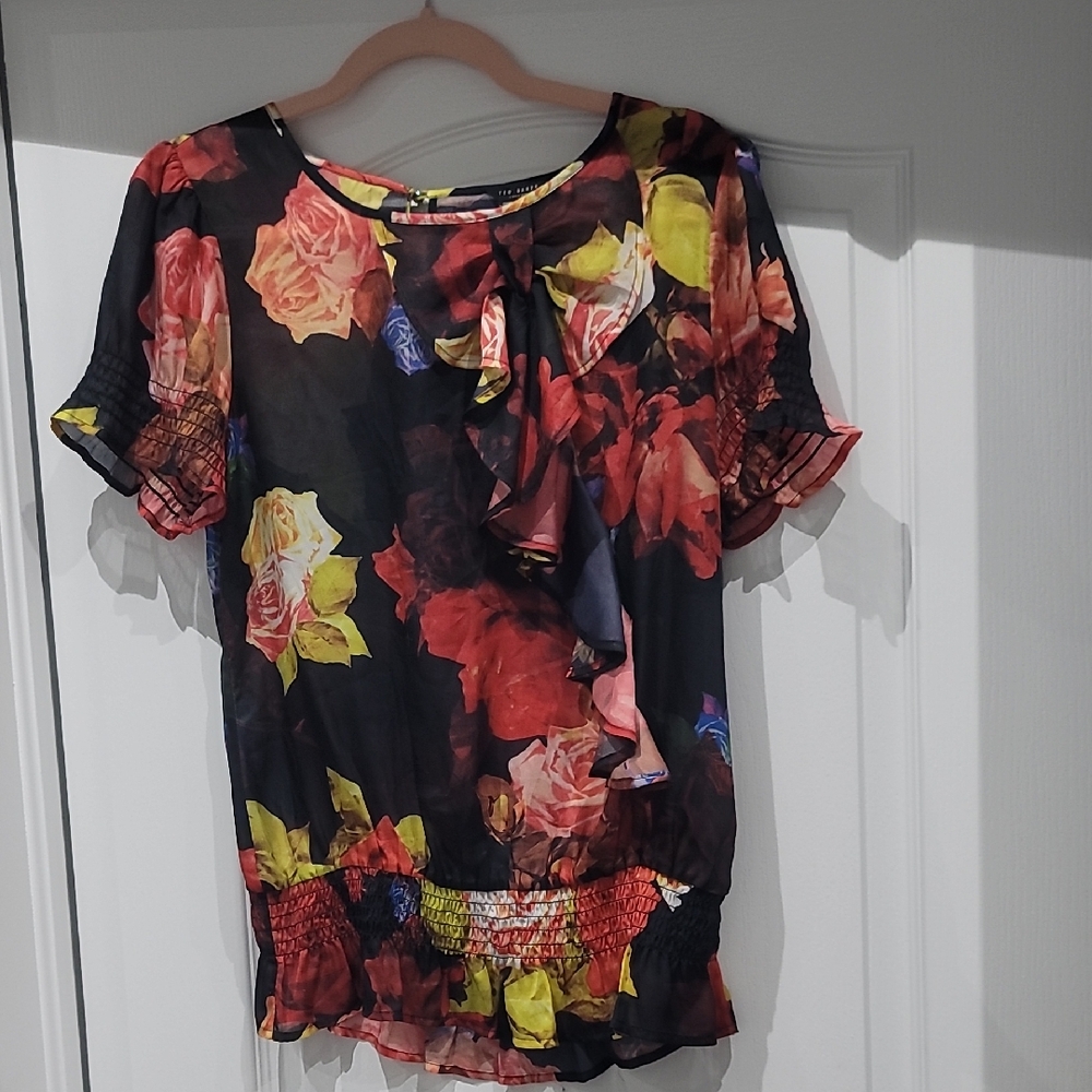 Ted Baker Pink and Yellow Flutter Sleeve Ruffled Blouse